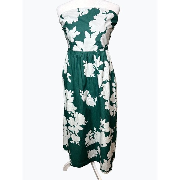 Cynthia Rowley Green & White Floral Strapless Midi Dress Elastic Smocked Back 14 - Picture 2 of 13